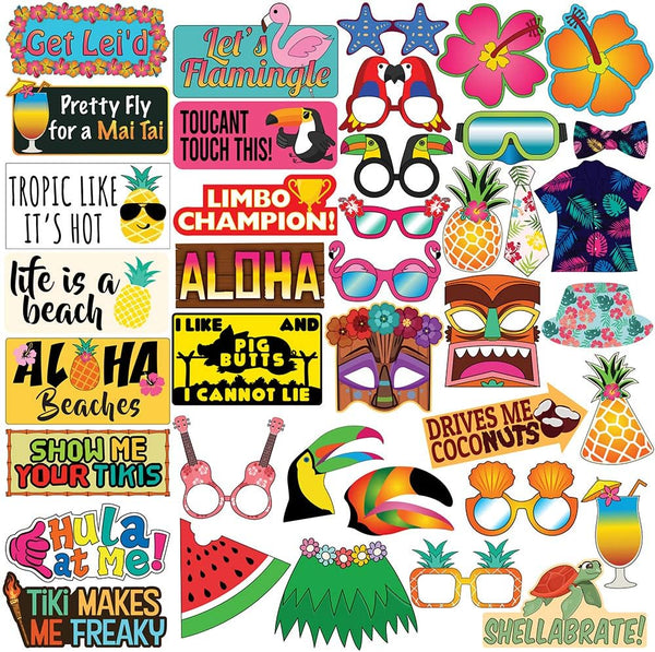 Luau Party Photo Prop Set - 40 pcs Hawaii Aloha Tropical Tiki Summer Themed Beach and Pool Party Supplies