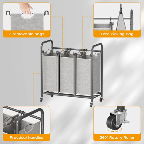 3-Bag HOMEIJU Laundry Sorter, Laundry Hamper Cart with Heavy Duty Rolling Lockable Wheels and Removable Bags, Laundry