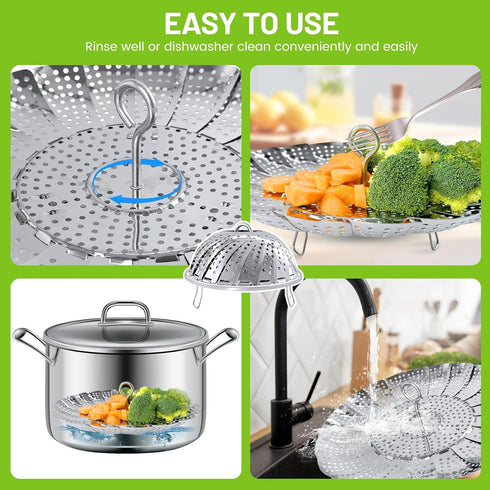 Vegetable Steamer Basket, Premium Stainless Steel - Folding Expandable Steamers Fits Various Size Pot (Extra Large 6.5"