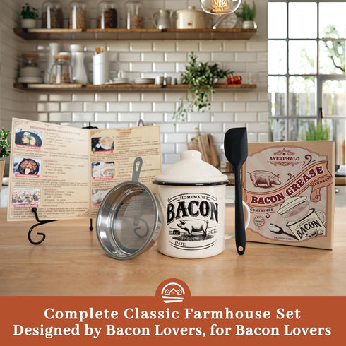Bacon Grease Container with Strainer - 24oz Enamel Rustic Farmhouse Fat Keeper with Food-Grade Silicone Spatula