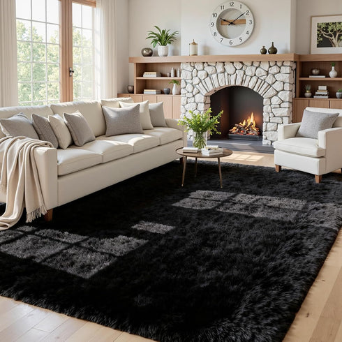 5x8 Area Rugs for Living Room: Soft Fluffy Shag Black Rugs for