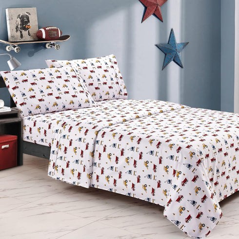 Set 3Pcs, Softan Bed Linen for Kids, Twin Size, Microfiber, Trucks Design, Deep Pocket