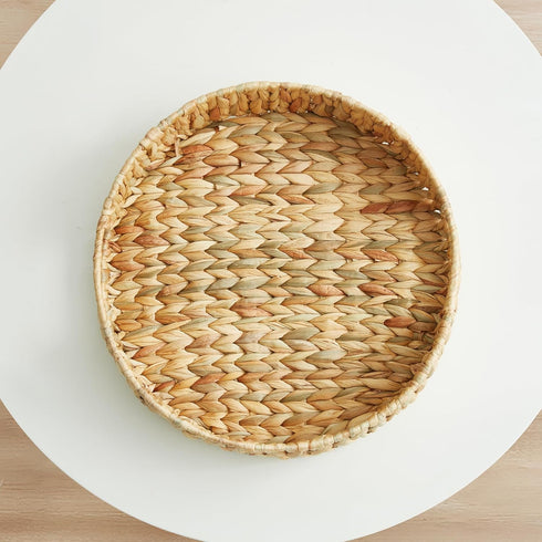 13 inch 1Pack Round Wicker Tray, Hand-Woven Rattan Serving Trays with Handles for Snack Drinks Coffee Table Tray, Water