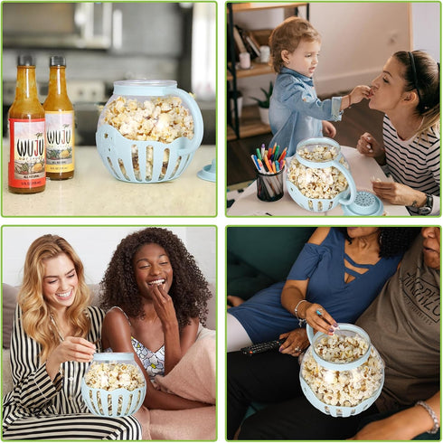 MMUGOOLER Glass Microwave Popcorn Popper, 2.25QT Original Popcorn Jar with Silicone Lid, Blue