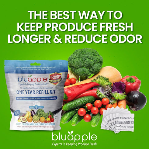 Bluapple Produce Saver Ethylene Gas Absorber - 1 Year Refill Kit with 8 Packets (9g Classic + 4g Carbon)