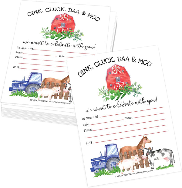 Hadley Designs 25 Birthday Party Invitations, Farm Barnyard Animal Pig Cow for Girl Boy, Printable Template, Tractor