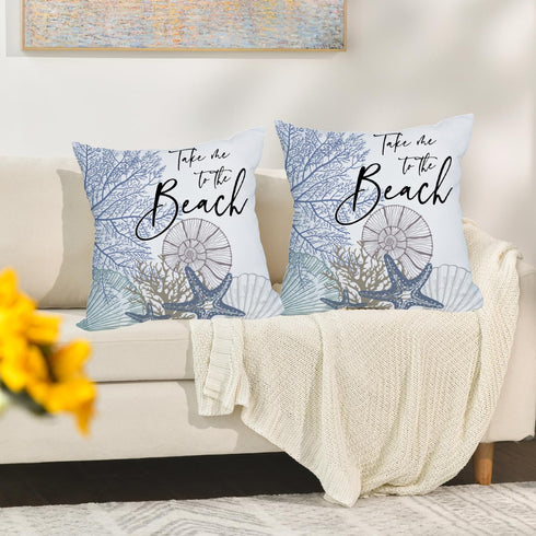 2 Pack Waterproof Take Me to The Beach Summer Pillow Covers 18x18 Inch Blue Ocean Sea Shell Coral Conch Starfish Throw Pillow Covers Outdoor Coastal Decorations Cushion Case Double Sided by Fukeen