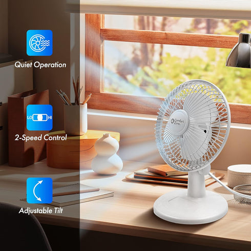 Comfort Zone Desk Fan, Fully Adjustable Tilt, Electric Mini Desk Fan, 6 inch, Quiet, 2 Speed, Ideal for Home, Bedroom,