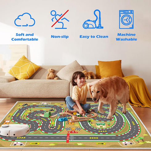 Track,3.34.9ft/3959in) Kids Car Rug, Race Track Playmat Rugs for Cars, Road Traffic Carpet for Playroom, Fun City Life