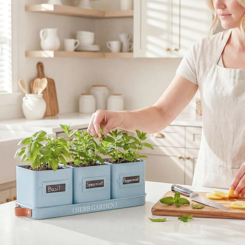 Set PERFNIQUE Indoor Herb Garden, Herb Garden Planter with Tray, Farmhouse Indoor Plant Pots, Windowsill Herb Garden