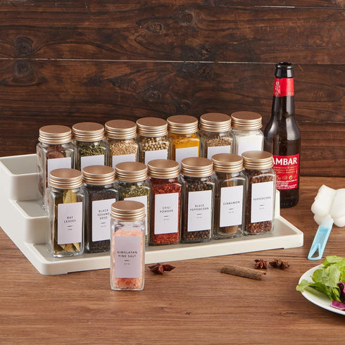 48 4oz Pcs Spice Jars with Label- Glass Spice Jars with Gold Metal Caps,Shaker Lids, Funnel, Chalk Pen, Brush,Cleaning