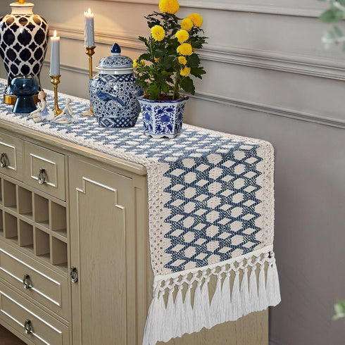 48 Inch, yuboo Blue and White Table Runner Short Boho Woven Coffee Table Runner for Round Table, Coastal Farmhouse