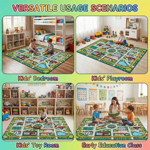 Plyra (3x5 Kids Car Road Rug Ft), Non-Slip City Traffic Play Mat for Toy Cars, Train Track Carpet for Kids Room