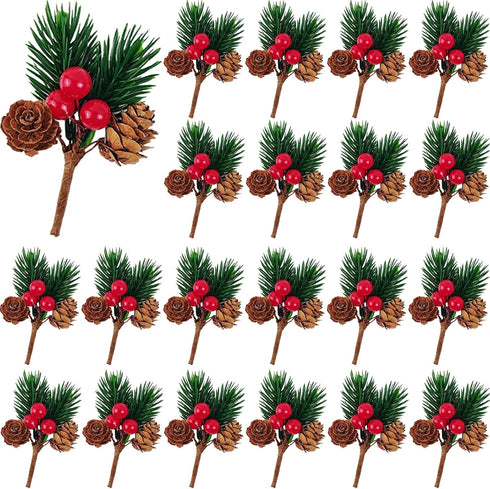 GXXMEI 30PCS Christmas Floral Picks, Pine Cone Holly Berry Stems for Crafts, Artificial