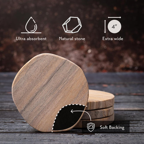Set 4 4" Cork & Mill Absorbent Coasters of - Water Absorbing Sandstone Coasters for Drinks - Perfect for Coffee Table
