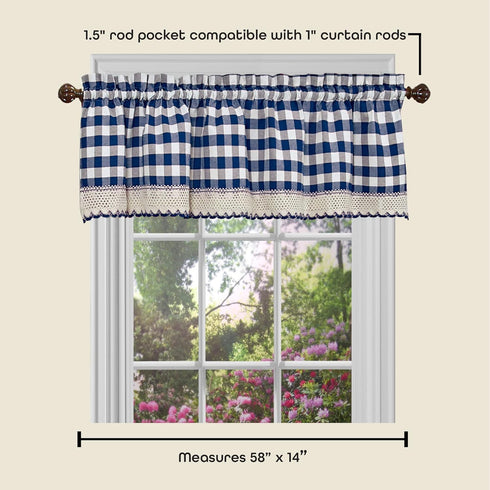 Buffalo Check Valance Window Curtains - 58 Inch Width, 14 Inch Length - Navy Blue & Ivory White Plaid - Light Filtering
