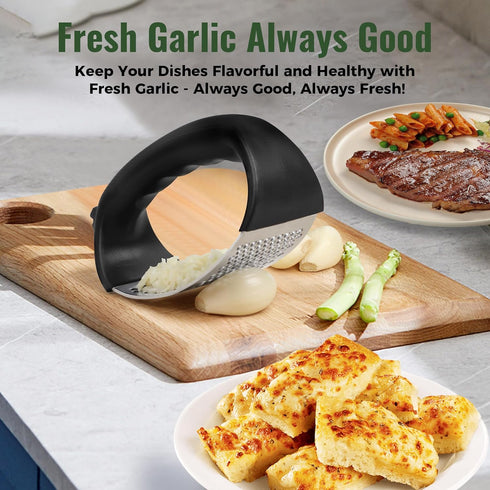 Pomyter Garlic Press Rocker, Stainless Steel Garlic Mincer and Garlic Crusher, Easy-Squeeze Garlic Tool with Peeler
