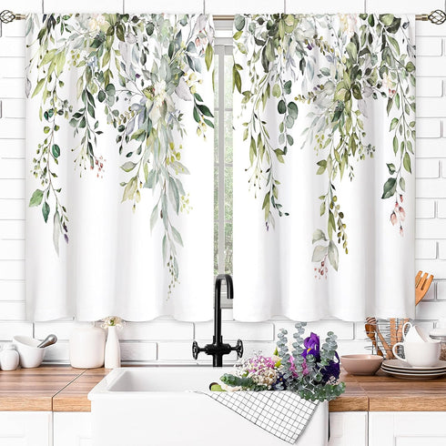 Sage Green Eucalyptus Botanical Leaves Floral Kitchen Window Curtains, 26x36 inch, Short Cafe Drapes for Bathroom