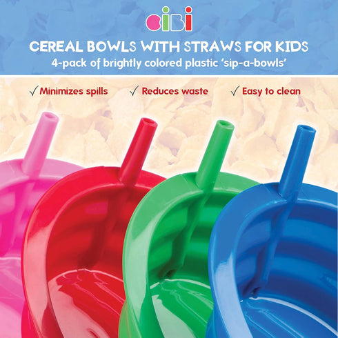 Cibi Cereal Bowls with Straws for Kids BPA-Free Plastic | Toddler Sip-A-Bowls with Built-In Straw for Cereal and Soup | Set of 4 Colorful Breakfast Bowls… by Cibi