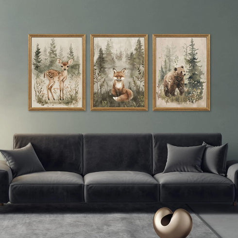 ICHZUMW Set 3, 12x16in Woodland Nursery Decor Wall Art of Cute Forest Animals Canvas Prints Bear Fox Deer Pictures