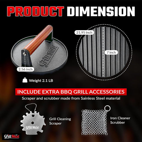 Set: 7 Set Grill Burger Press Premium Bacon Press Meat Press Cast Iron for Perfectly Griddle Seared Bacon | Burger