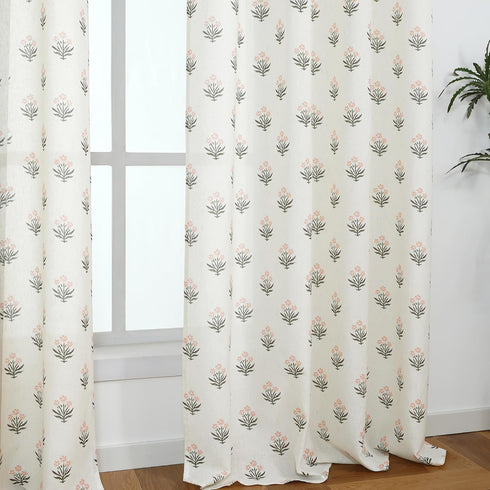 2 Sets Pink Curtains Panel for Bedroom Girls Nursery,Light Blush Pink and Green Floral Boho Cute Sheer Curtains
