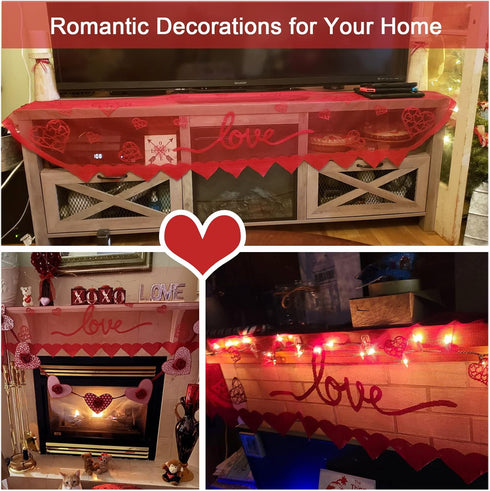 Red Heart Mantle Scarf for Fireplace Decorations - Lace Mantel Cover Runner for Home Living Room, Romantic Indoor Decor