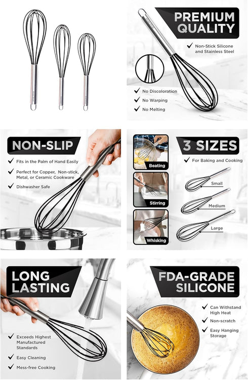 Silicone Whisk Set, 3 Pieces, Stainless Steel & Silicone Non-Stick Coating, 12-inch, 10-inch & 8.5-inch