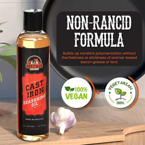 Heritage Products Cast Iron Seasoning Oil, Low-Smoke Hi Temp All-Natural Skillet Conditioner for Dutch Oven, Griddle