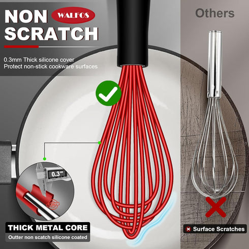 Walfos Whisk,Whisks for Cooking Non Scratch.Silicone Whisk Set of 4 Kitchen Wisk-11in Flat wisk and 7+9+11in Balloon Whisk.Nice for Mixing,Whisking and Stirring.Dishwasher Safe.(4pcs-Colorful) by Walfos