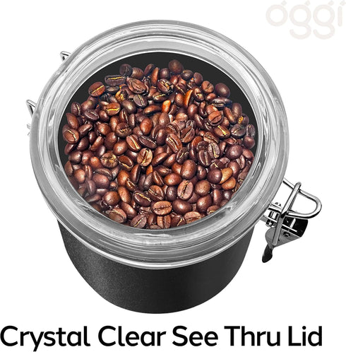 62 oz, 5" 7.5". Oggi Stainless Steel Kitchen Canister fl Black - Airtight Clamp Lid, Clear See-Thru Top - Ideal