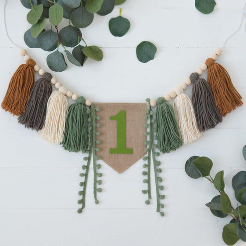 Wild One High Chair Banner Boy First Birthday Decorations,Jungle Green 1st Highchair