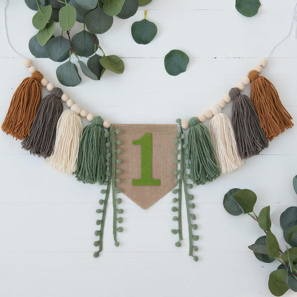 Wild One High Chair Banner Boy First Birthday Decorations,Jungle Green 1st Highchair