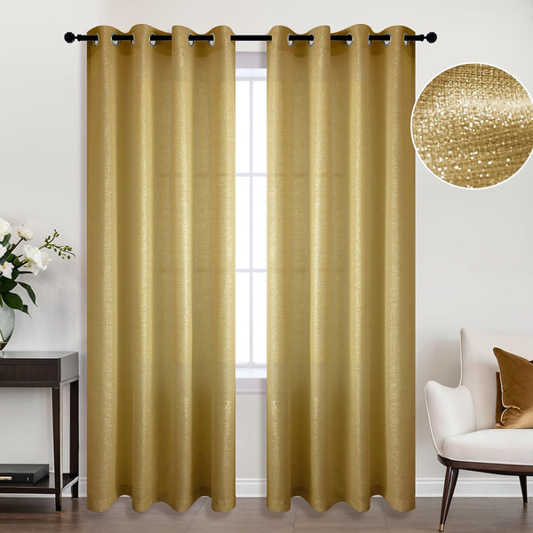 KOUFALL 96 Inches Long Gold Curtains for Dining Room Windows, Sheer Shimmer Retro Art Deco Living Room & Bedroom