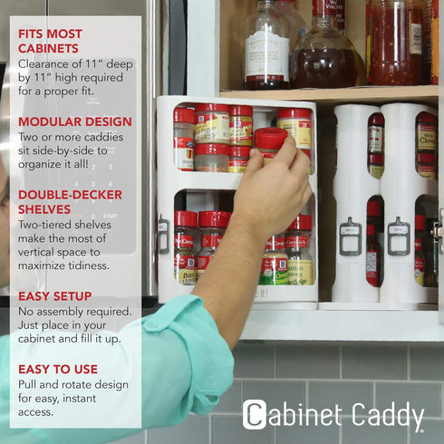Cabinet Caddy Spice Rack Organizer for Cabinet - Slide & Rotate Kitchen Organizers - 2 Double-Decker Shelves - Non-Skid