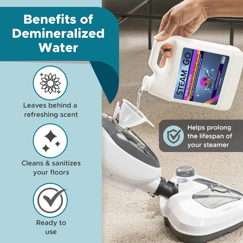 Steam and Go Demineralized Water: Multi-Surface Cleaning Solution for Steam Cleaners, Ideal for Home and Office