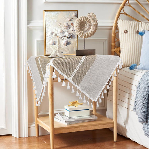 24 24 inch, Summer Boho Small Tablecltoh Square x Spring Cotton Linen Bedside Table Cloth with Tassel, Brown Nightstand