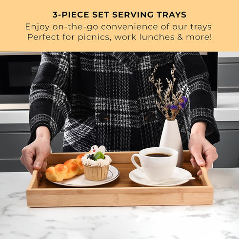 Set 3 Prosumers Choice Wooden Tray - Light Brown Serving Trays with Handles - Nesting Design for Space Saving - Wooden