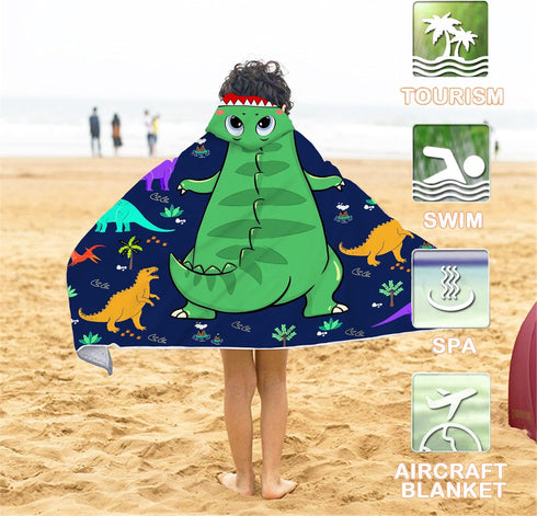 30x50" Dinosaur Beach Towel, Dinosaur Towel for Kids with Hood T-rex Hooded Towel for Boys Cool Cartoon Microfiber Bath