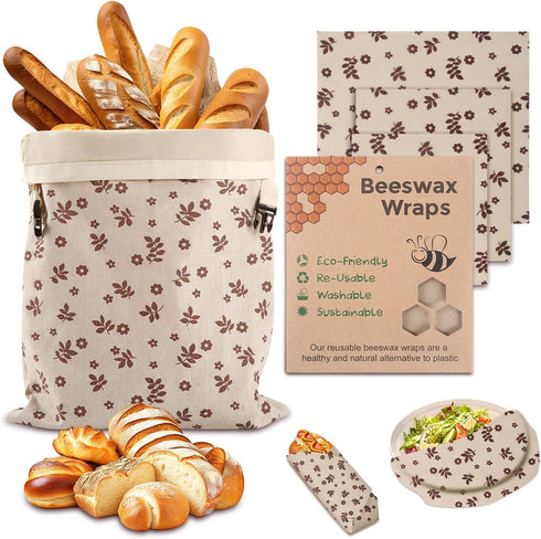 VAKEEN Beeswax Bread Bags, Reusable Organic Linen Beeswax Bread Bag for Sourdough, Keep