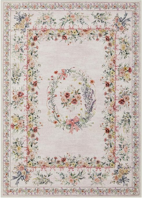 5x7 Joydeco Floral Bow Pink Rug for Bedroom, Washable Area Rug for Girls Nursery Playroom, Ultra-Thin Non Slip Soft