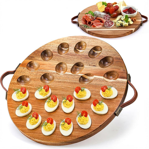 Hiceeden Acacia Wood Deviled Egg Platter with Handles for Easter, 24 Holes