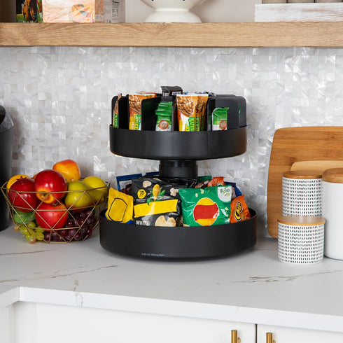 Mind Reader 2-Tier Snack Carousel, Countertop Organizer, Snack Tray, 14.25"L x 14.25"W x 14"H, Black