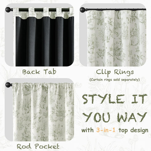 jinchan 63 Inches 2 Blackout Nursery Curtains Long, Bunny Woodland Toile Easter Decor Curtain Sage Green Animal Printed