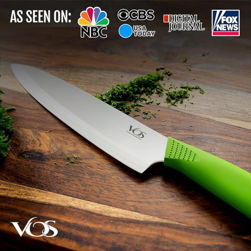 Vos Ceramic Chef Knife, 8 Inch with Protection Cover, Lightweight Zirconia Blade, Green