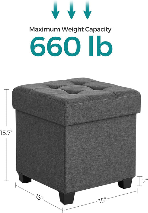 SONGMICS 15 Inches Cube Storage Ottoman, Dark Gray Bedroom Bench with Storage, Foot Stool Holds Up to 660 lb