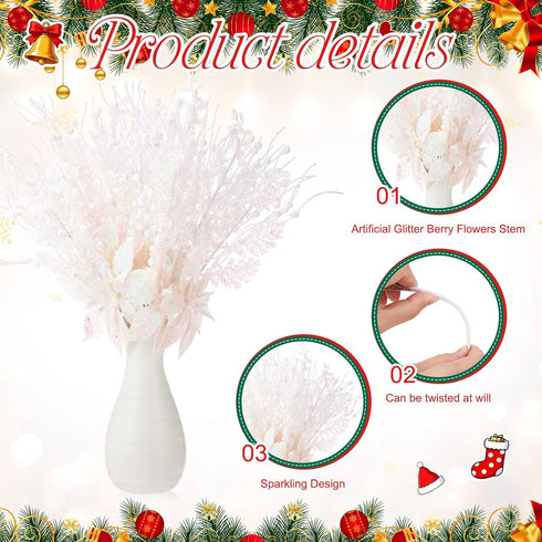 Suncalla 36 Pack 17'' Poinsettia Christmas Tree Picks Ornament Artificial Glitter Berry Stem Picks and Spray with Fake