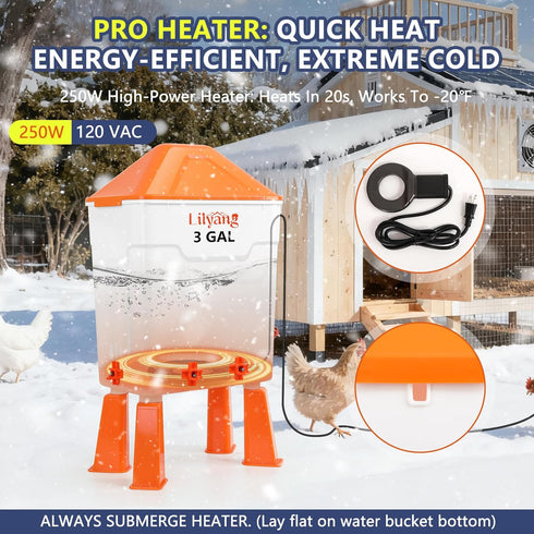 3 250W Lilyang Heated Chicken Waterer Gallon, Chicken Water Heater with Thermostat Control, Freeze-Proof Poultry