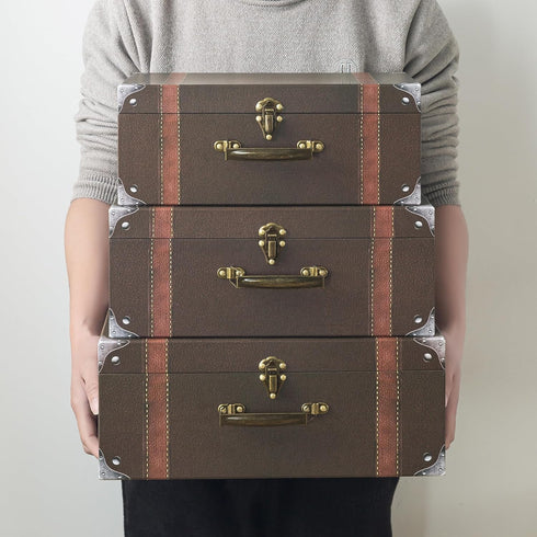 Soul & Lane Set of 3 Cardboard Suitcase Boxes with Handle, Brown Travel-Themed Paperboard Boxes for Decoration