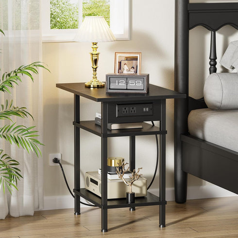 3 Asgolion Side Table with Charging Station, Skinny Nightstand with USB Ports and Outlets, Tier Narrow End Table